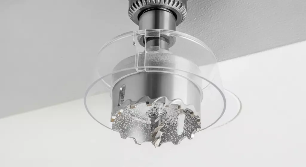 Using a hole saw with dust bowl to cut ceiling aperture for pot lights