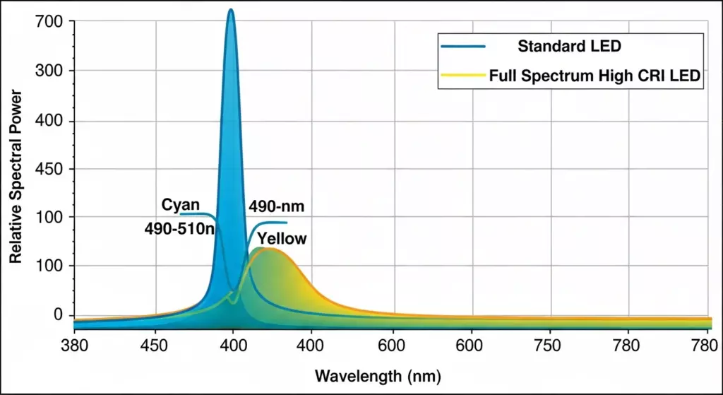 Spectral power distribution graph comparing standard LED vs High CRI LED spectrums