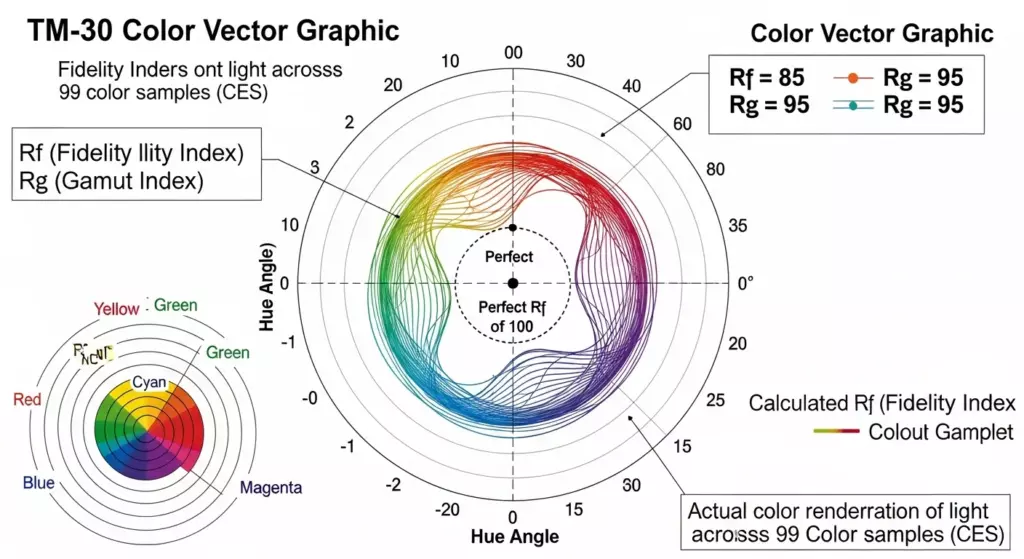 TM-30 color vector graphic diagram illustrating fidelity and gamut indices