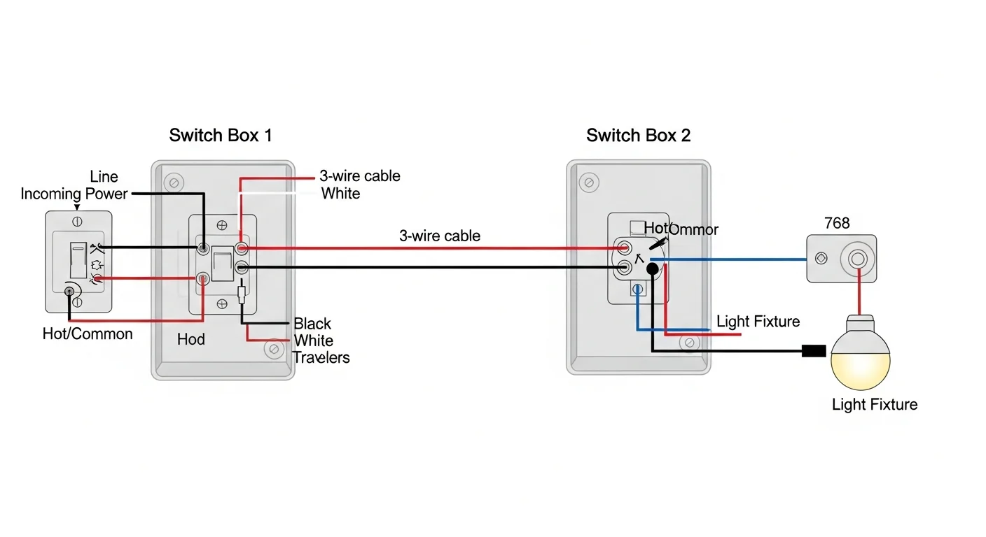 Standard 3-way dimmer switch wiring diagram with line and load connections