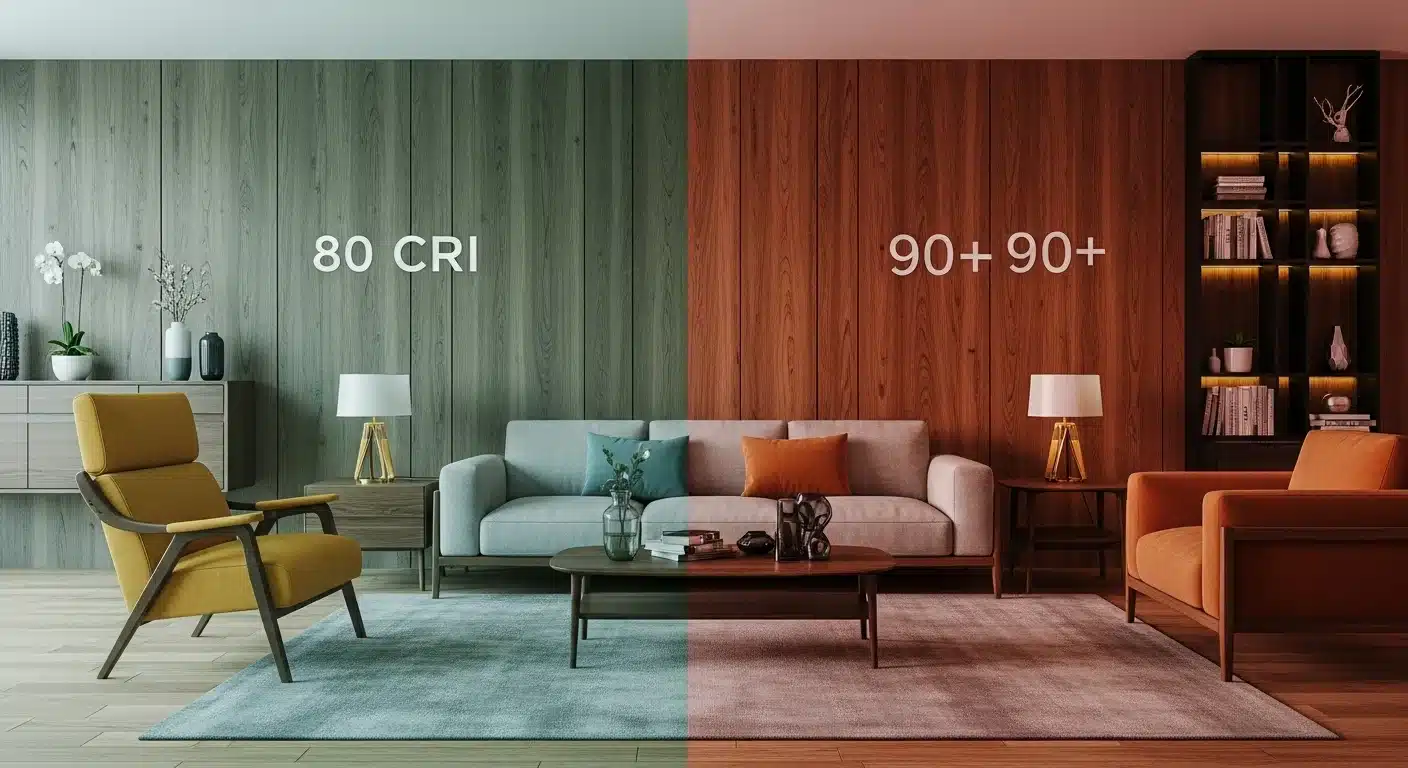 Side by side comparison of a living room illuminated by CRI 80 versus CRI 90 LED lights