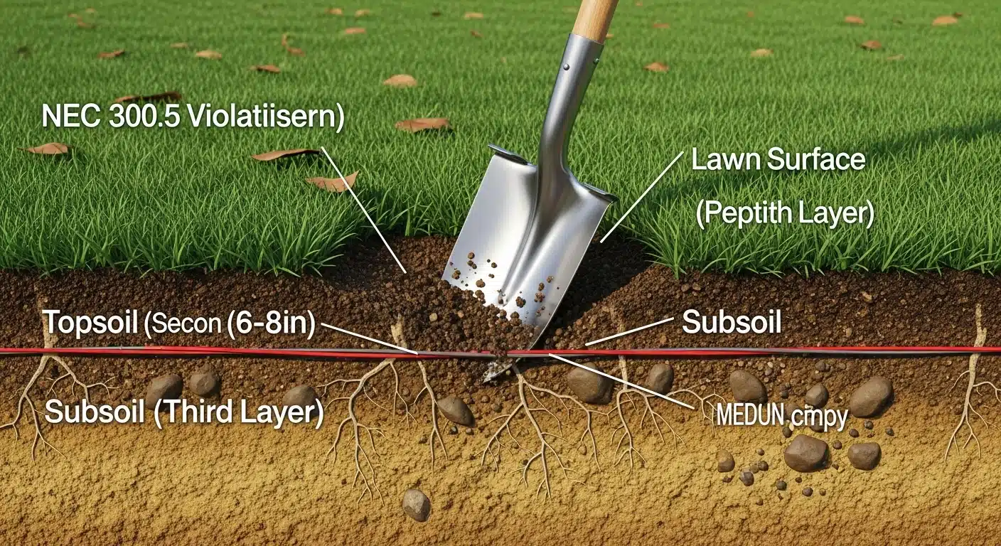Shovel cutting through buried landscape lighting wire