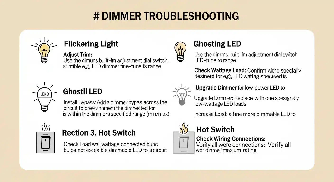 Troubleshooting guide for LED dimmer flickering and ghosting