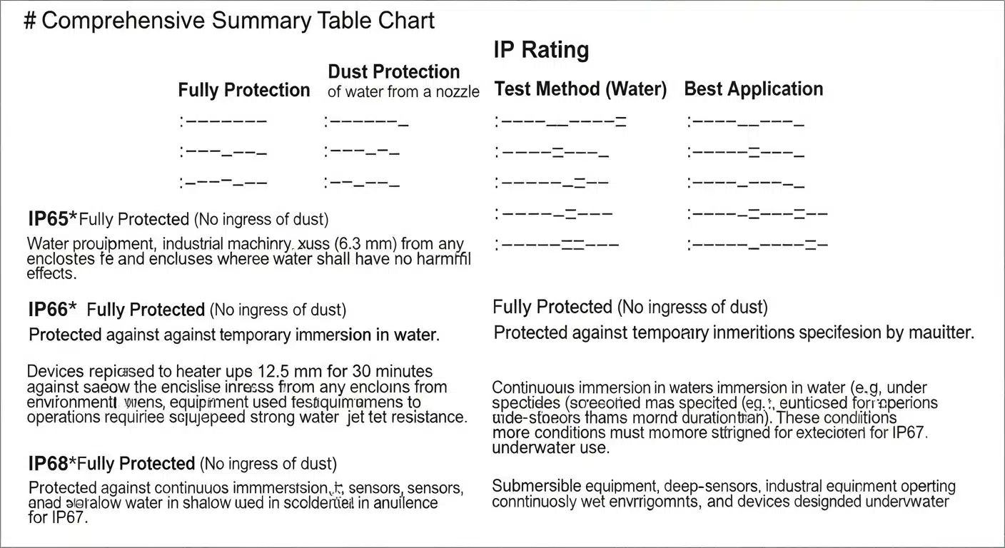Summary table of IP ratings for outdoor lights including IP65, IP66, and IP67