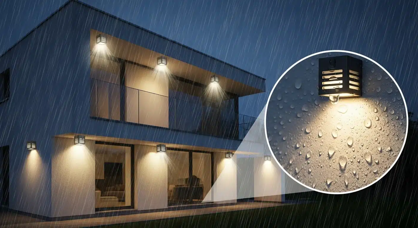 IP65 flood light operating in heavy rain demonstrating waterproof capability