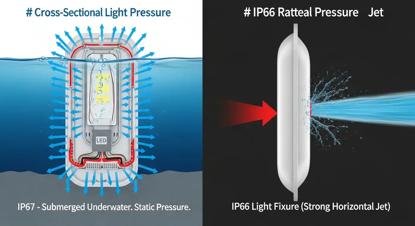 IP66 dynamic jet protection vs IP67 static submersion protection diagram