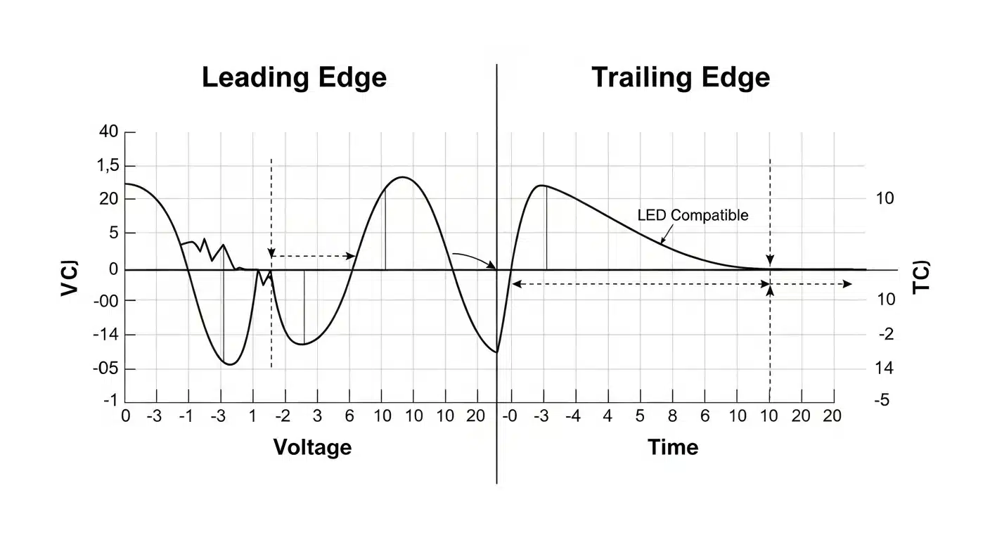 Diagram showing the difference between leading edge and trailing edge dimmers and how they affect led bulbs flickering on dimmer