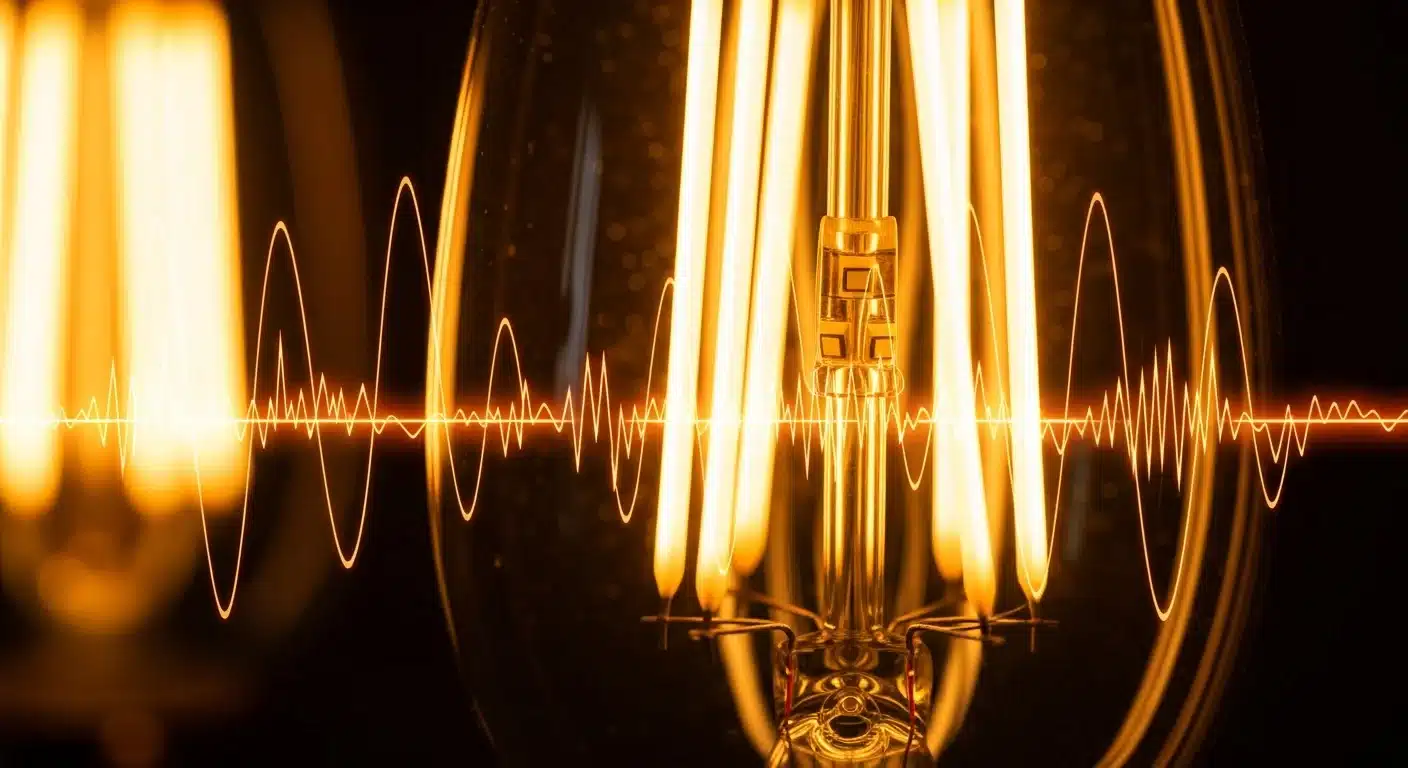 Close up of LED filament bulb with voltage waveform graphic illustrating why led lights flicker
