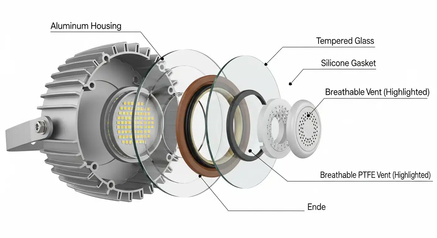 Exploded view of IP66 LED flood light showing gaskets and breathable vent