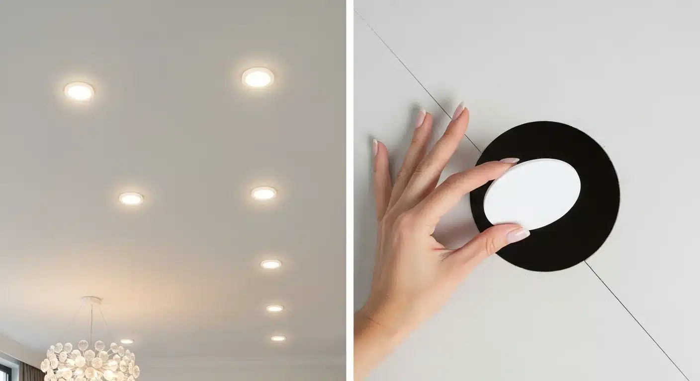Split view of finished recessed lighting ceiling and a contractor holding an LED wafer light