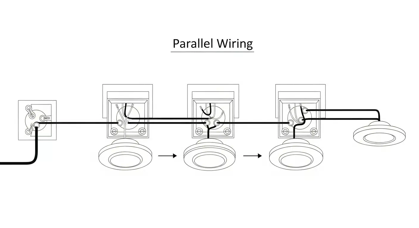 Daisy chain wiring diagram for connecting multiple LED recessed lights in parallel