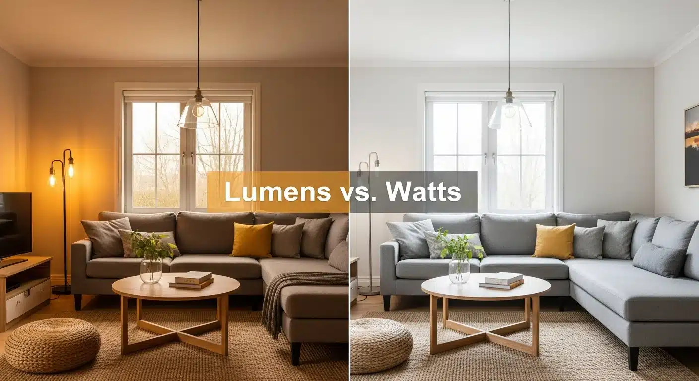 Comparison of incandescent vs LED lighting in a modern living room