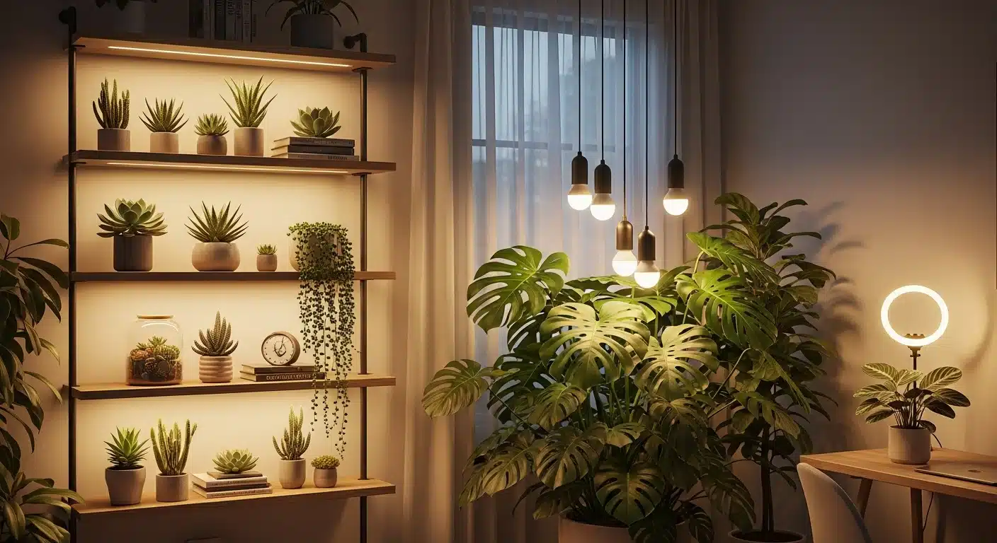Modern indoor garden with hanging, strip, and halo LED grow lights