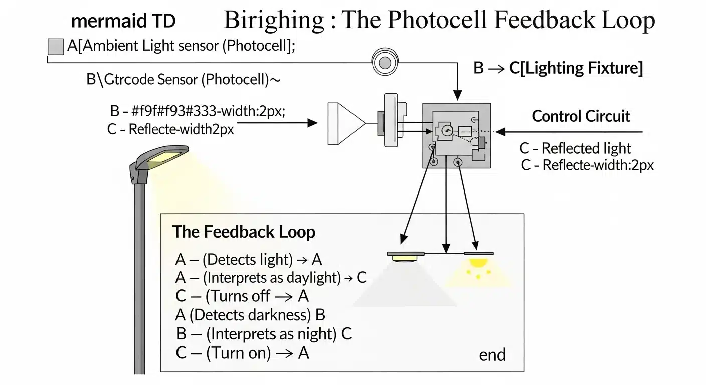 Diagram of photocell feedback loop causing blinking landscape lights