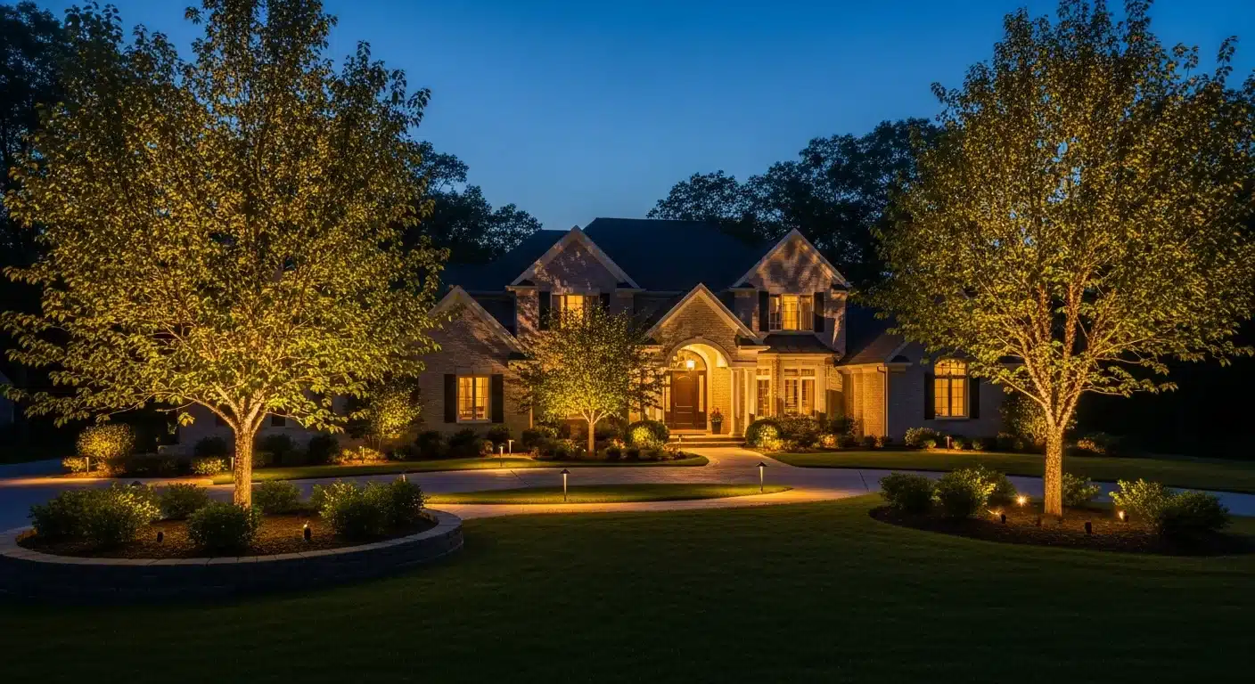 Illuminated home with Kichler landscape lighting at twilight