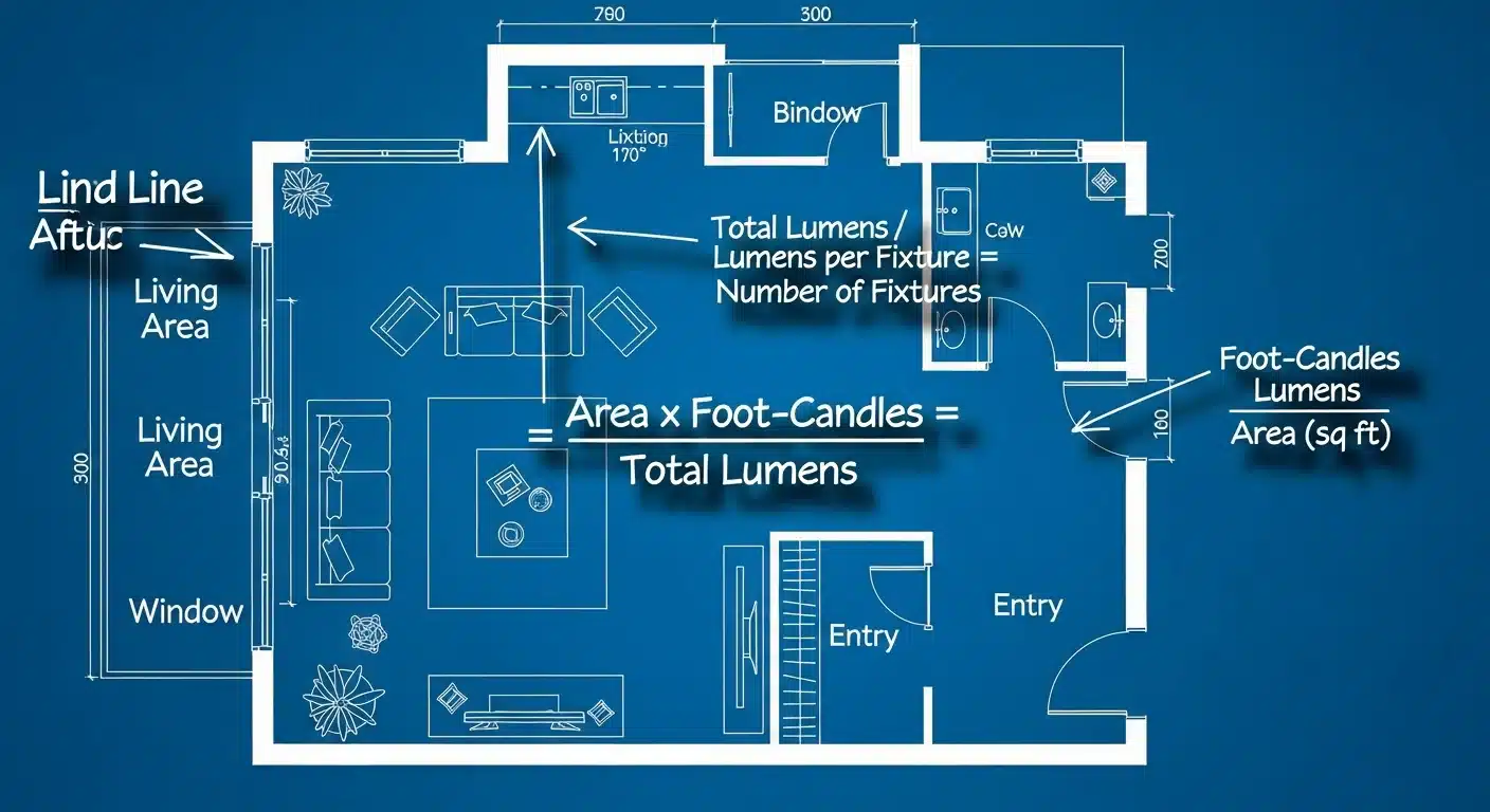 Lighting calculator formula on architectural blueprint