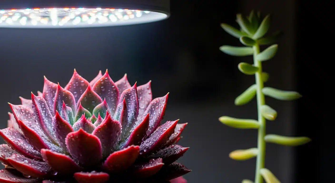 Healthy stressed succulent compared to etiolated succulent needing more light