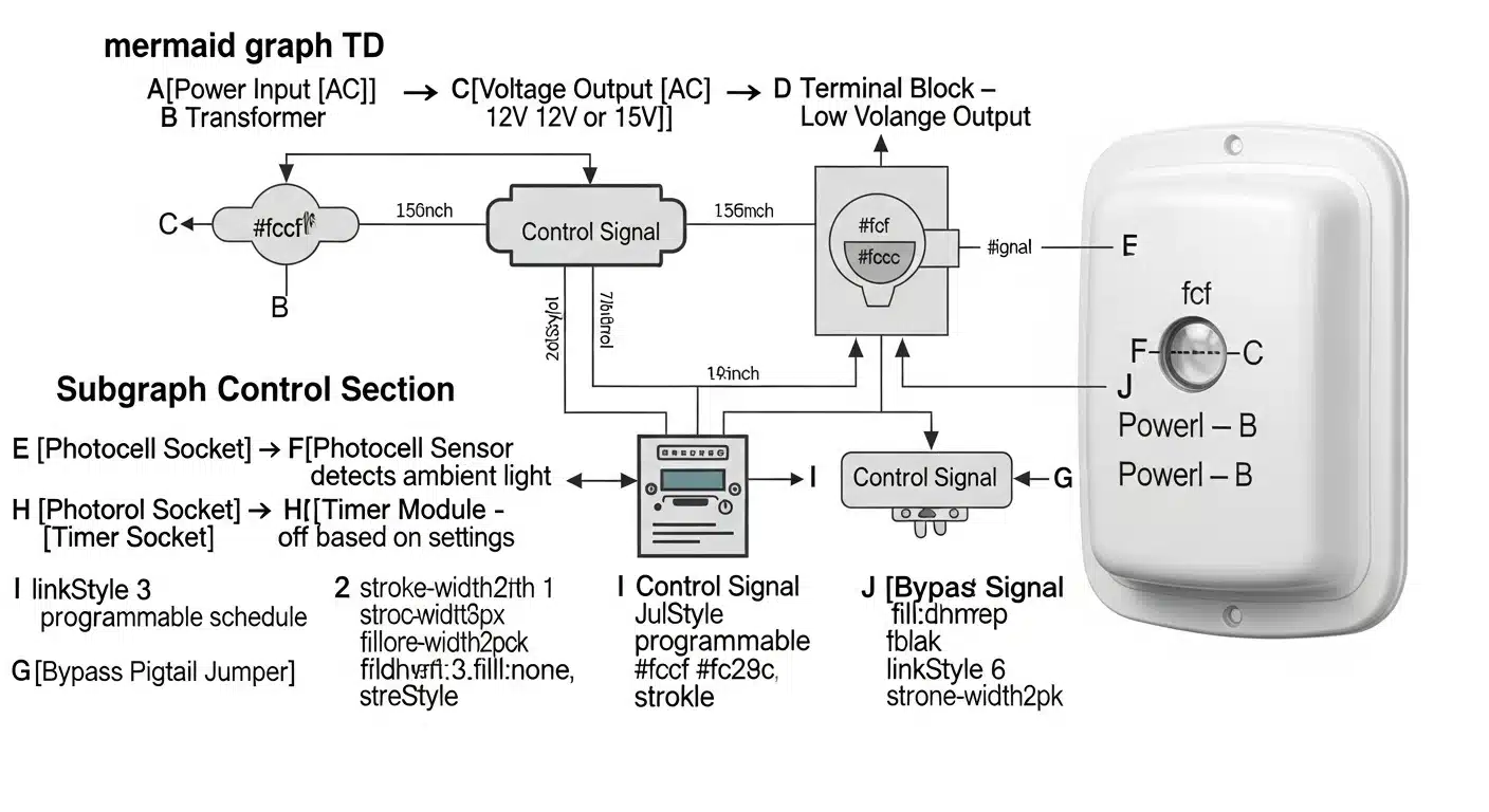 Diagram showing how to bypass landscape lighting timer and photocell