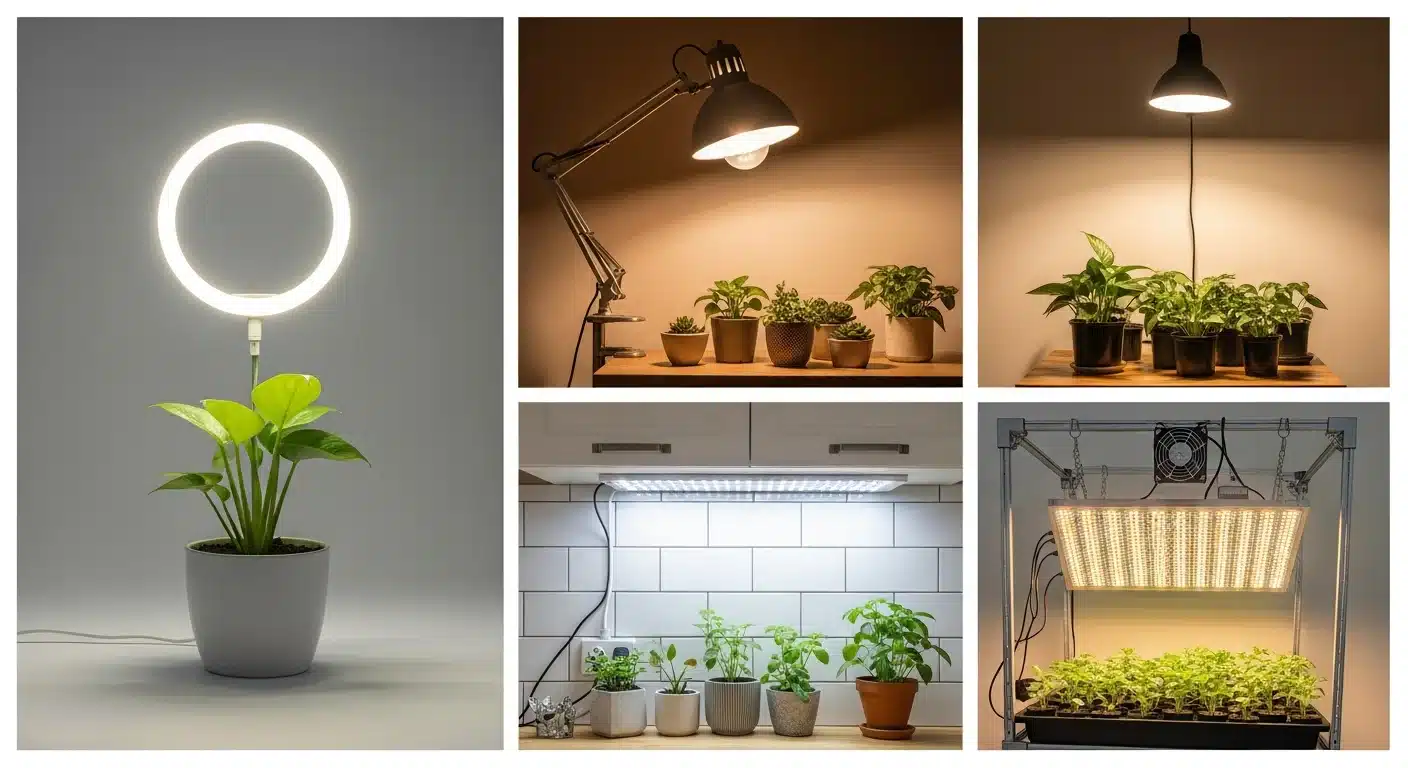 Comparison of halo, clamp, strip, and panel grow light fixtures