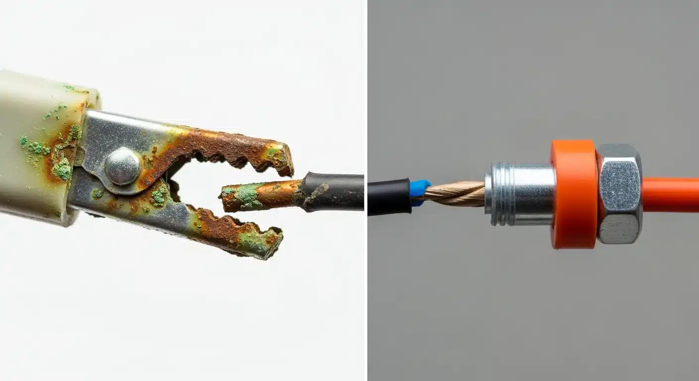 Comparison of corroded vampire clip vs waterproof wire nut for landscape lighting