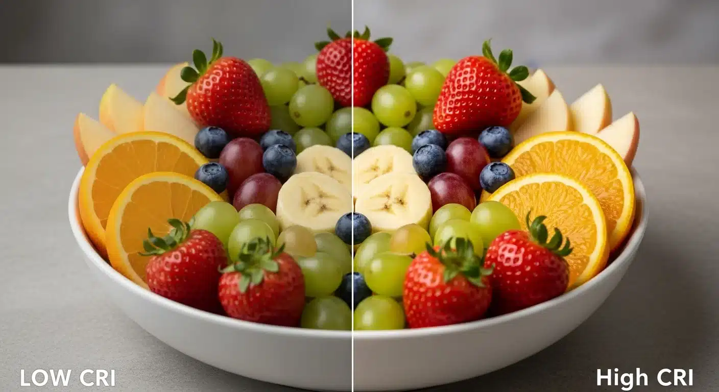 Split image showing fruit under low CRI vs high CRI lighting demonstrating color fidelity