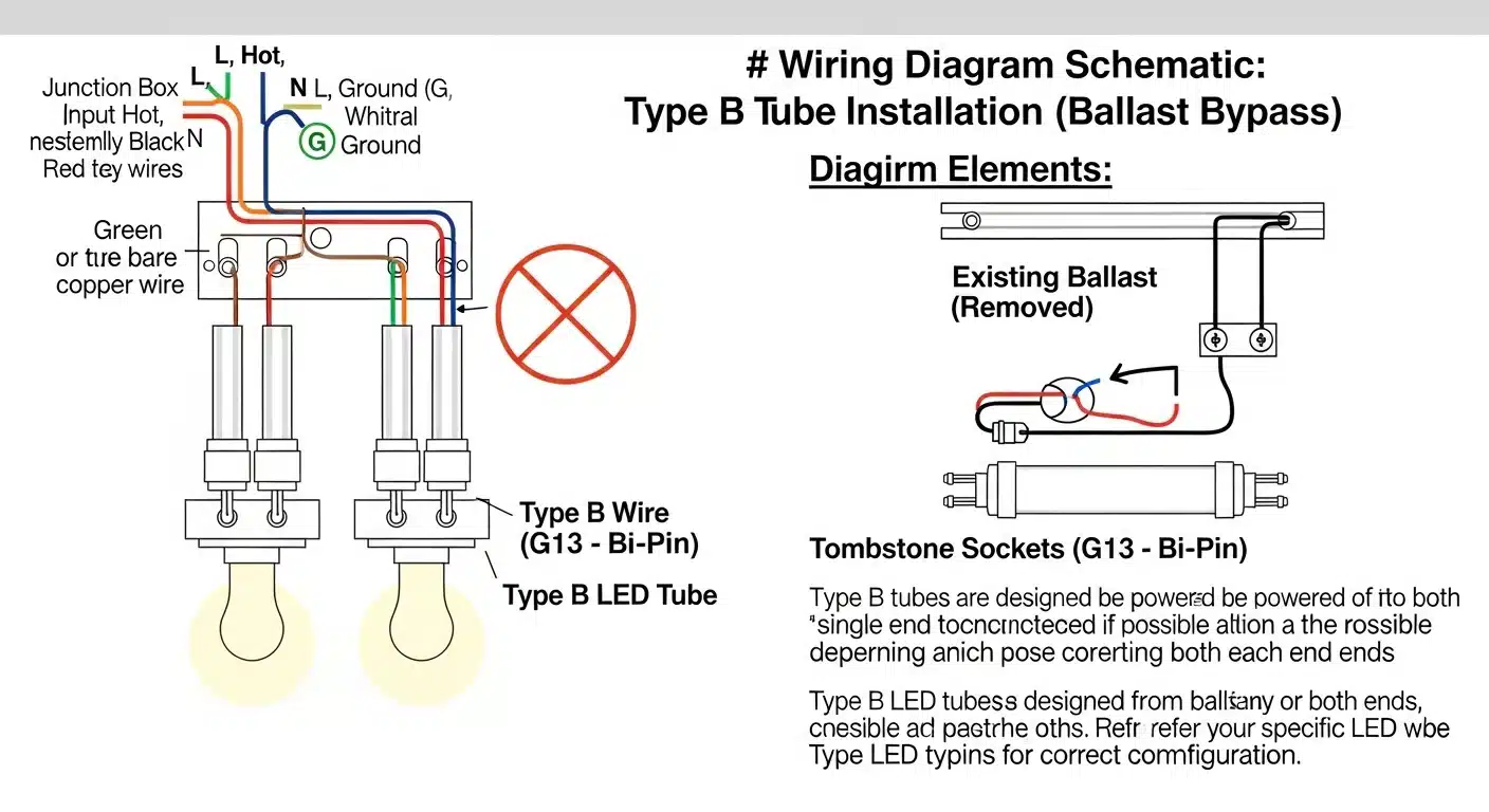 Wiring diagram for retrofitting T12 fixtures with ballast bypass T8 LED tubes