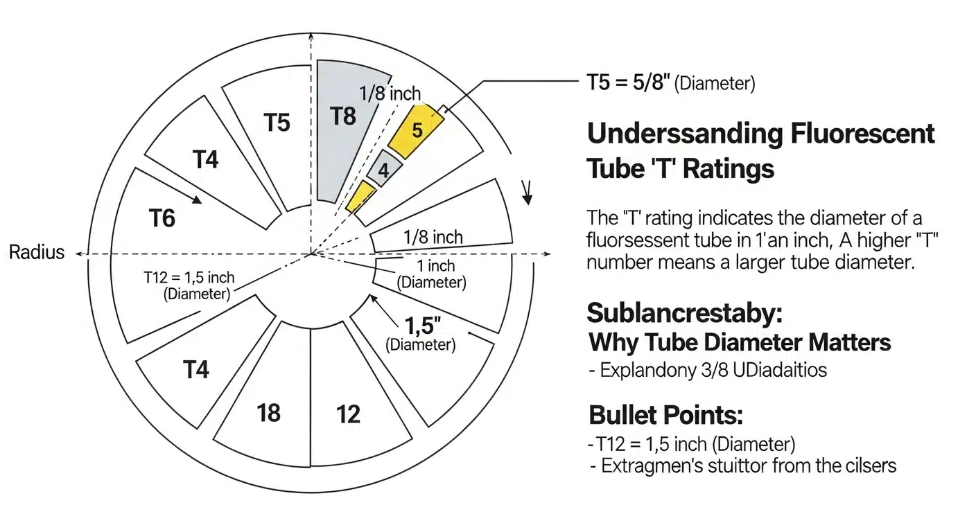 Diagram explaining T5 T8 T12 diameter measurements in eighths of an inch