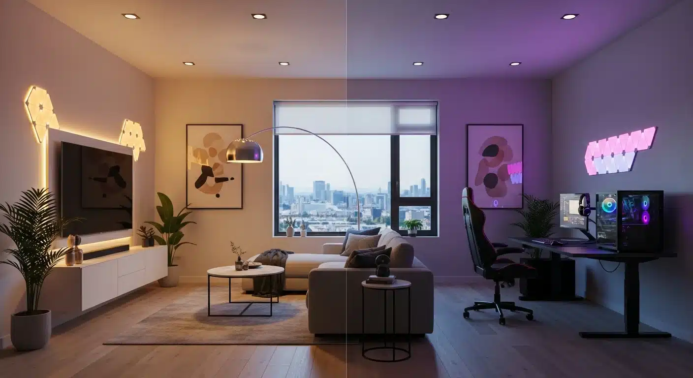 Living room setup comparing whole home Hue lighting vs gaming LIFX lighting