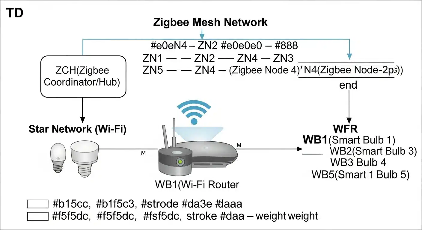 Diagram illustrating Zigbee mesh vs Wi-Fi star network topology